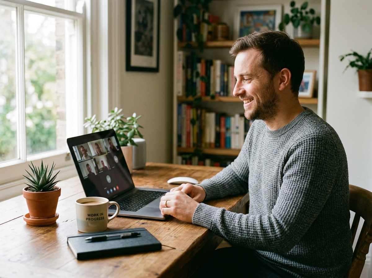 A man smiling as he works at a laptop in a bright home office